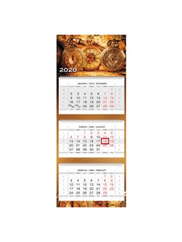 Календарь квартальный 2020 год, 'Люкс', 3 блока на 3-х гребнях, 'Старинные часы', HATBER, 3Кв3гр2ц_19350