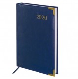 Ежедневник датированный 2020 А5, BRAUBERG 'Senator', гладкая кожа, металлические углы, синий, 138х213 мм, 129720