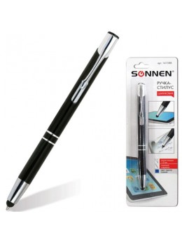 Ручка-стилус SONNEN для смартфонов/планшетов, СИНЯЯ, корпус черный, серебристые детали, линия письма 1 мм, 141588
