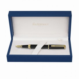 Ручка подарочная перьевая WATERMAN 'Exception Black GT Slim', черный лак, позолоченные детали, синяя, S0636930