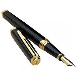 Ручка подарочная перьевая WATERMAN 'Exception Black GT Slim', черный лак, позолоченные детали, синяя, S0636930