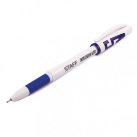 Ручка гелевая с грипом STAFF, СИНЯЯ, корпус белый, игольчатый узел 0,5 мм, линия письма 0,35 мм, GP174