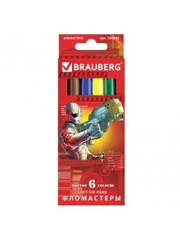 Фломастеры BRAUBERG 'Star Patrol', 6 цветов, вентилируемый колпачок, картонная упаковка, увеличенный срок службы, 150543