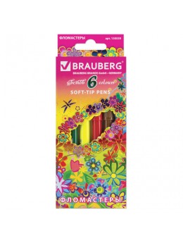 Фломастеры BRAUBERG 'Blooming flowers', 6 цветов, вентилируемый колпачок, картонная упаковка с фольгой, 150559