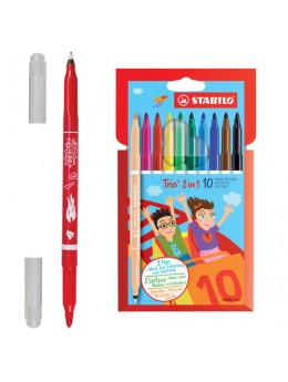 Фломастеры двусторонние STABILO 'Trio', 10 цветов, капиллярная ручка с другой стороны, 222/10-01