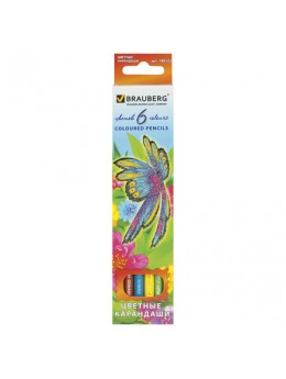 Карандаши цветные BRAUBERG 'Wonderful butterfly', 6 цветов, заточенные, картонная упаковка с блестками, 180522