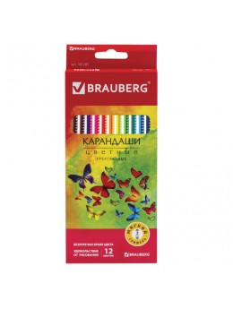 Карандаши цветные BRAUBERG 'Бабочки', набор 12 цветов, трехгранные, корпус с полосками, 181285