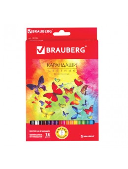 Карандаши цветные BRAUBERG 'Бабочки', набор 18 цветов, трехгранные, корпус с полосками, 181286