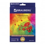 Карандаши цветные BRAUBERG 'Цветы', набор 18 цветов, трехгранные, лакированное дерево, 181289