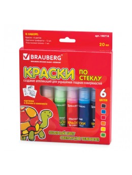 Краски по стеклу (витражные) BRAUBERG, 6 цветов по 20 мл (1 флуоресцентный), 12 шаблонов, подвес, 190718