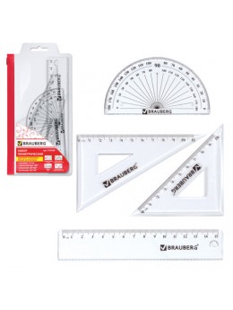 Набор чертежный малый BRAUBERG (линейка 15 см, 2 угольника, транспортир), конверт на молнии, 210306