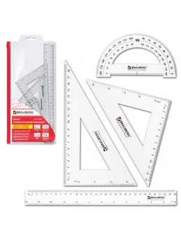Набор чертежный большой BRAUBERG (линейка 30 см, 2 угольника, транспортир), конверт на молнии, подвес, 210308
