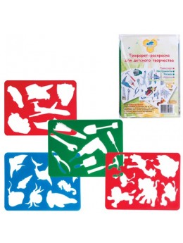 Трафарет-раскраска ПЧЕЛКА, НАБОР 6 шт. (транспортир, инструменты, космос, животные, море, листья), НТР-2