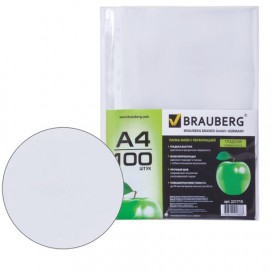 Папки-файлы перфорированные, А4, BRAUBERG, комплект 100 шт., гладкие, 'Яблоко', 35 мкм, 221710