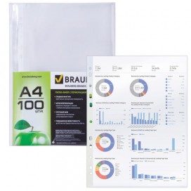 Папки-файлы перфорированные, А4, BRAUBERG, комплект 100 шт., гладкие, 'Яблоко', 35 мкм, 221710