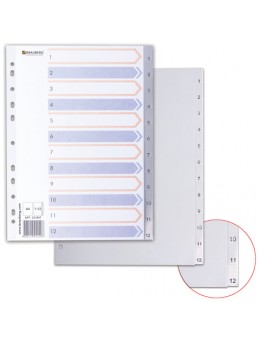 Разделитель пластиковый BRAUBERG, А4, 12 листов, цифровой 1-12, оглавление, серый, Китай, 221847