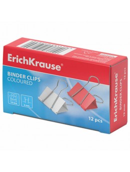 Зажимы для бумаг ERICH KRAUSE, КОМПЛЕКТ 12 шт., 19 мм, на 70 листов, цветные, картонная коробка, 25089