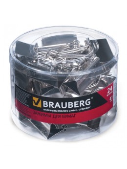 Зажимы для бумаг BRAUBERG, комплект 24 шт., 41 мм, на 200 л., цвет 'серебро', в пластиковом цилиндре, 223510