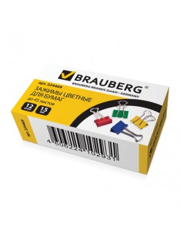 Зажимы для бумаг BRAUBERG, КОМПЛЕКТ 12 шт., 15 мм, на 45 листов, цветные, картонная коробка, 224469