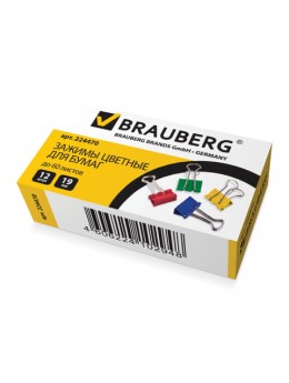 Зажимы для бумаг BRAUBERG, КОМПЛЕКТ 12 шт., 19 мм, на 60 листов, цветные, картонная коробка, 224470