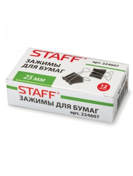 Зажимы для бумаг STAFF, КОМПЛЕКТ 12 шт., 25 мм, на 100 листов, черные, картонная коробка, 224607