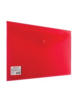 Папка-конверт с кнопкой BRAUBERG, А4, до 100 листов, прозрачная, красная, СВЕРХПРОЧНАЯ 0,18 мм, 224812