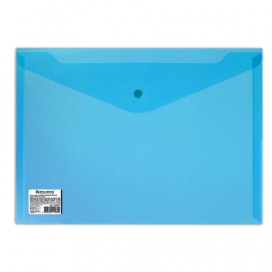 Папка-конверт с кнопкой BRAUBERG, А4, до 100 листов, прозрачная, синяя, СВЕРХПРОЧНАЯ 0,18 мм, 224813