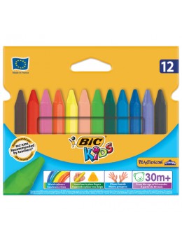 Мелки пластиковые утолщенные BIC 'Plastidecor', 12 цветов, трехгранные, картонная упаковка, подвес, 829773
