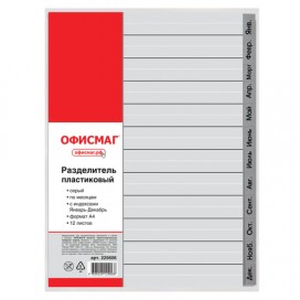 Разделитель пластиковый ОФИСМАГ, А4, 12 листов, Январь-Декабрь, оглавление, серый, РОССИЯ, 225606