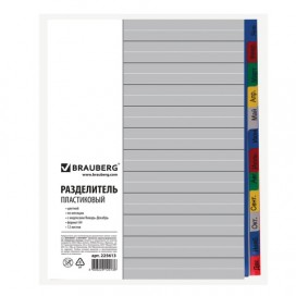 Разделитель пластиковый BRAUBERG, А4, 12 листов, Январь-Декабрь, оглавление, цветной, РОССИЯ, 225613