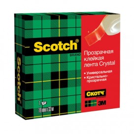 Клейкая лента канцелярская 19 мм х 33 м, прозрачная, картонная коробка, 50 мкм, SCOTCH 'Crystal', 600RUS