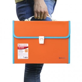 Портфель пластиковый BRAUBERG 'Joy', А4 (330х245х35 мм), 13 отделений, с окантовкой, индексные ярлыки, оранжевый, 227975