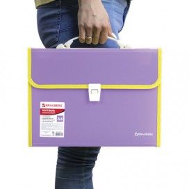 Портфель пластиковый BRAUBERG 'Joy', А4 (330х245х35 мм), 13 отделений, с окантовкой, индексные ярлыки, фиолетовый, 227977