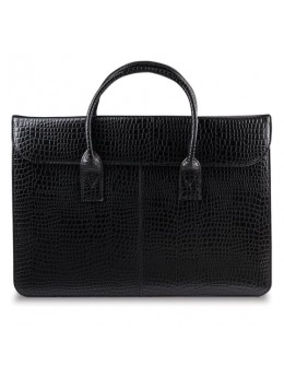 Портфель-сумка женский из натуральной кожи, 38х28х8 см, под крокодила, 2 отдела, клапан с магнитом, черный, 8-095