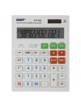 Калькулятор настольный STAFF STF-555-WHITE (205х154 мм), 12 разрядов, двойное питание, CORRECT, TAX, БЕЛЫЙ, 250305