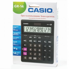 Калькулятор настольный CASIO GR-14-W (209х155 мм), 14 разрядов, двойное питание, европодвес, черный, GR-14-W-EP