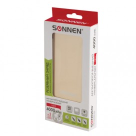 Аккумулятор внешний SONNEN POWERBANK V311, 4000 mAh, литий-полимерный, золотистый, алюминиевый корпус, 262750