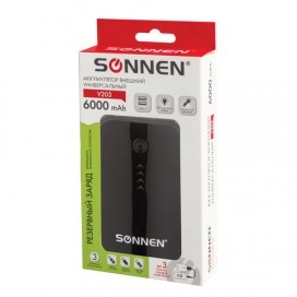 Аккумулятор внешний SONNEN POWERBANK V203, 6000 mAh, 2 USB, литий-ионный, черный, 262754