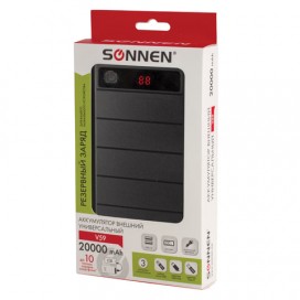 Аккумулятор внешний SONNEN POWERBANK V59, 20000 mAh, 2 USB, литий-ионный, LED-дисплей, фонарик, черный, 262759