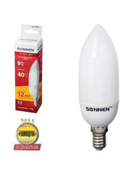 Лампа люминесцентная энергосберегающая SONNEN, свеча, Т2, 9 (40) Вт, цоколь E14, 12000 ч., теплый свет, премиум, 451079