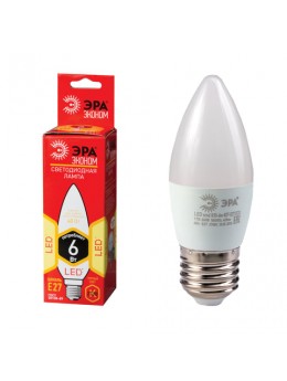 Лампа светодиодная ЭРА, 6 (40) Вт, цоколь E27, 'свеча', теплый белый свет, 25000 ч., LED smdB35-6w-827-E27ECO