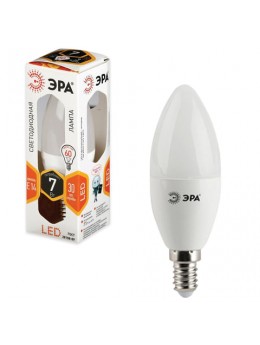 Лампа светодиодная ЭРА, 7 (60) Вт, цоколь E14, 'свеча', теплый белый свет, 30000 ч., LED smdB35-7w-827-E14