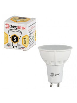 Лампа светодиодная ЭРА, 5 (35) Вт, цоколь GU10, MR16, теплый белый свет, 25000 ч., LED smdMR16-5w-827-GU10ECO