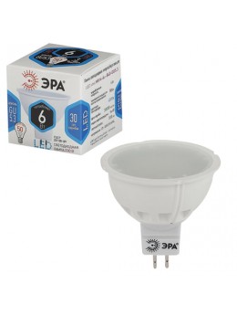 Лампа светодиодная ЭРА, 6 (50) Вт, цоколь GU5.3, MR16, холодный белый свет, 30000 ч., LED smdMR16-6w-840-GU5.3