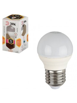 Лампа светодиодная ЭРА, 5 (40) Вт, цоколь E27, шар, теплый белый свет, 30000 ч., LED smdP45-5w-827-E27