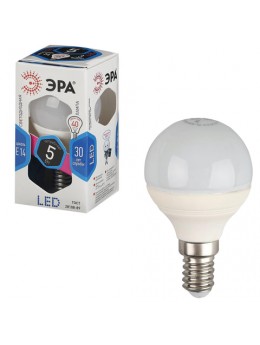 Лампа светодиодная ЭРА, 5 (40) Вт, цоколь E14, шар, холодный белый свет, 30000 ч., LED smdP45-5w-840-E14