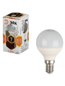 Лампа светодиодная ЭРА, 7 (60) Вт, цоколь E14, шар, теплый белый свет, 30000 ч., LED smdP45-7w-827-E14