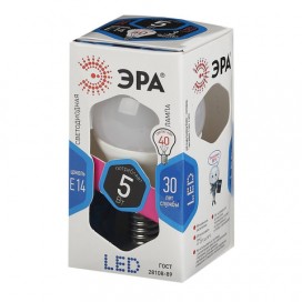 Лампа светодиодная ЭРА, 5 (40) Вт, цоколь E14, шар, холодный белый свет, 30000 ч., LED smdP45-5w-840-E14