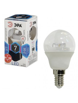 Лампа светодиодная ЭРА, 7 (60) Вт, цоколь E14, прозрачный шар, холодный белый свет, 30000 ч., LED smdP45-7w-840-E14-Clear, P45-7w-840-E14c