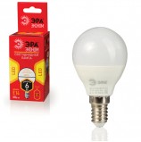 Лампа светодиодная ЭРА, 6 (40) Вт, цоколь E14, шар, теплый белый свет, 25000 ч., LED smdР45-6w-827-E14ECO